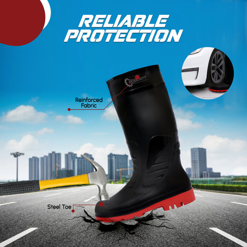 Robustt Steel Toe Lightweight Gum Boots, Standard Steel Safety Shoes, Anti Slip, Waterpoof, Breathable Printed Leather Shoes, Puncture and Tear Resistant, for Industrial Use (Red) Robustt Steel Toe Lightweight Gum Boots, Standard Steel Safety Shoes, Anti Slip, Waterpoof, Breathable Printed Leather Shoes, Puncture and Tear Resistant, for Industrial Use (Red)