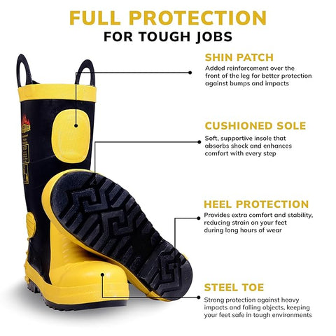 Robustt Steel Toe Fire Safety Gumboot - Yellow | Anti-Slip & Anti-Puncture Sole Fire Boots for Men| High Temperature Rubber Industrial Work Fire Gumboots for Construction, Firefighters Robustt Steel Toe Fire Safety Gumboot - Yellow | Anti-Slip & Anti-Puncture Sole Fire Boots for Men| High Temperature Rubber Industrial Work Fire Gumboots for Construction, Firefighters