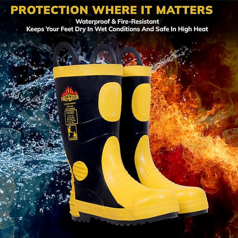 Robustt Steel Toe Fire Safety Gumboot - Yellow | Anti-Slip & Anti-Puncture Sole Fire Boots for Men| High Temperature Rubber Industrial Work Fire Gumboots for Construction, Firefighters Robustt Steel Toe Fire Safety Gumboot - Yellow | Anti-Slip & Anti-Puncture Sole Fire Boots for Men| High Temperature Rubber Industrial Work Fire Gumboots for Construction, Firefighters