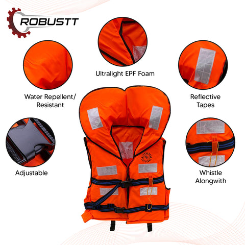 Robustt Life Jacket Polyster Fabric with EPE Foam for Adult Safety Jacket Along with Whistle for Swimming, Boating, Floating Weight Capacity Upto 125 Kg Robustt Life Jacket Polyster Fabric with EPE Foam for Adult Safety Jacket Along with Whistle for Swimming, Boating, Floating Weight Capacity Upto 125 Kg