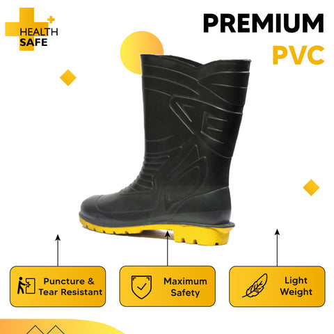 Health Safe Gum Boot For Men, (28.5cm Height) (Black/Yellow) Flexible PVC, Oil/Water/Acid Resistance, Industrial/Labor/Worker Purpose, Unisex Gumboot Health Safe Gum Boot For Men, (28.5cm Height) (Black/Yellow) Flexible PVC, Oil/Water/Acid Resistance, Industrial/Labor/Worker Purpose, Unisex Gumboot