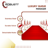 Robustt Stainless Steel Golden Queue Manager Barricade with Red Velvet Rope (900mm Pillar, 1.5mtr Rope)