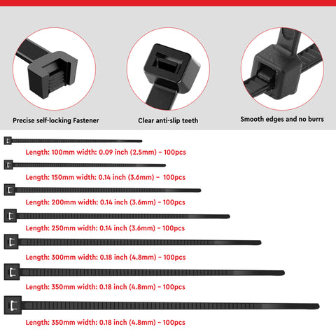 Robustt Self Locking Cable Ties, 350 X 4.8 mm, Black, Heat Resistant Cable Zip Ties, Self-Locking Cable Organizer, Anti - Slip Wire Organizer, For Indoor & Outdoor Use