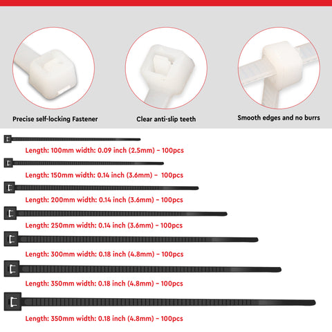 Robustt Self Locking Cable Ties, 300 X 4.8 mm, White, Heat Resistant Cable Zip Ties, Self-Locking Cable Organizer, Anti - Slip Wire Organizer, For Indoor & Outdoor Use