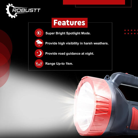 Robustt Search Light (75 watt, 500 Mtr Range) ABS Plastic Material Long Range Portable, Rechargeable High Brightness LED Torch Light (Assorted Color) DESIGN-1