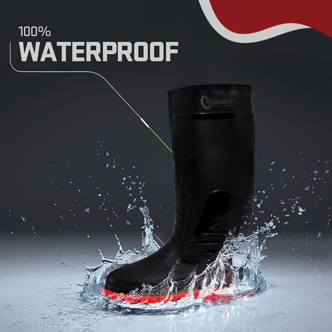 Robustt Steel Toe Lightweight Gum Boots, Standard Steel Safety Shoes, Anti Slip, Waterpoof, Breathable Printed Leather Shoes, Puncture and Tear Resistant, for Industrial Use (Red)