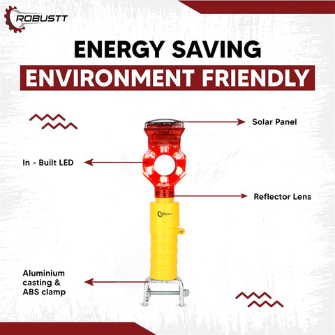 Robustt Hex Solar Blinker Led Light, Yellow & Red, Polycarbonate Top, Solar Light with UV Protection, 36 Hours Backup with 1 Km Visibility