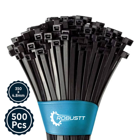 Robustt Self Locking Cable Ties, 350 X 4.8 mm, Black, Heat Resistant Cable Zip Ties, Self-Locking Cable Organizer, Anti - Slip Wire Organizer, For Indoor & Outdoor Use
