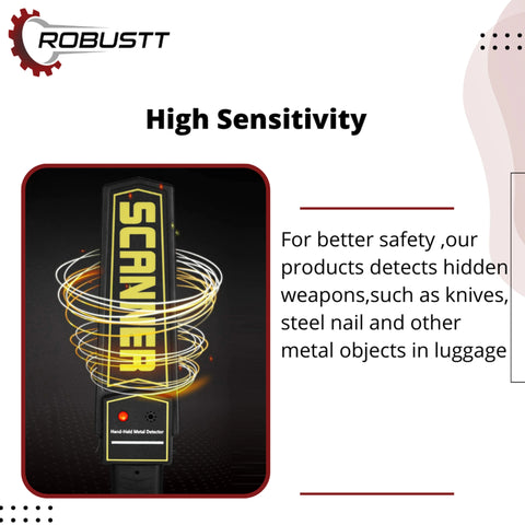 Robustt High Sensitivity Hand Held Metal Detector Leather case on Handle with Battery Included Alarm Mode -Sound, Vibration & Led Lights for Malls,  Airports, Railway Stations, Banks