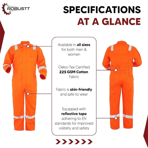 Robustt Orange Boiler Suit | 100% Cotton Suit with Multiple Pockets | Workwear Suit with Reflective Tape, Unisex Coveralls for Industrial & Protective Use