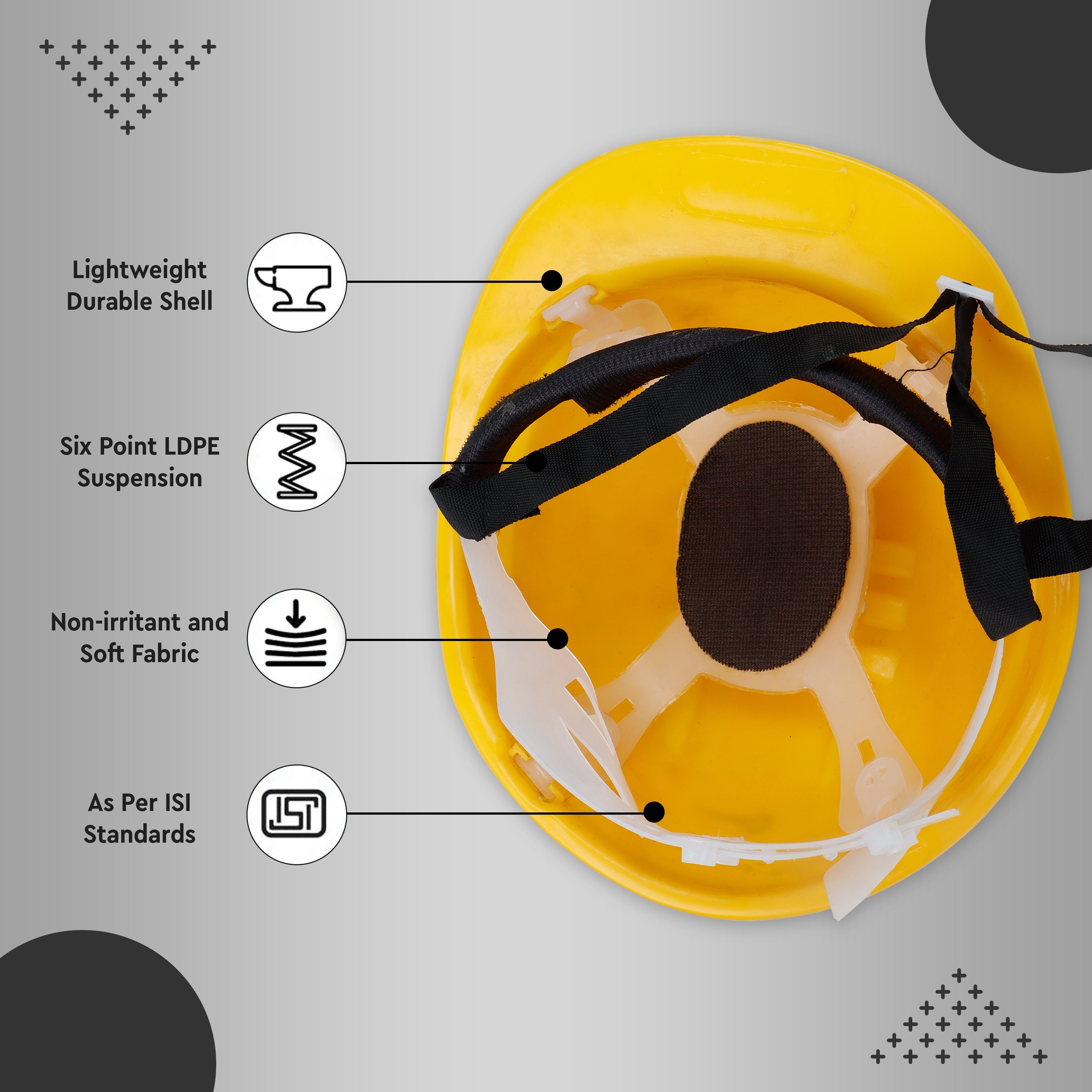 Lightweight safety helmet with six point LDPE suspension