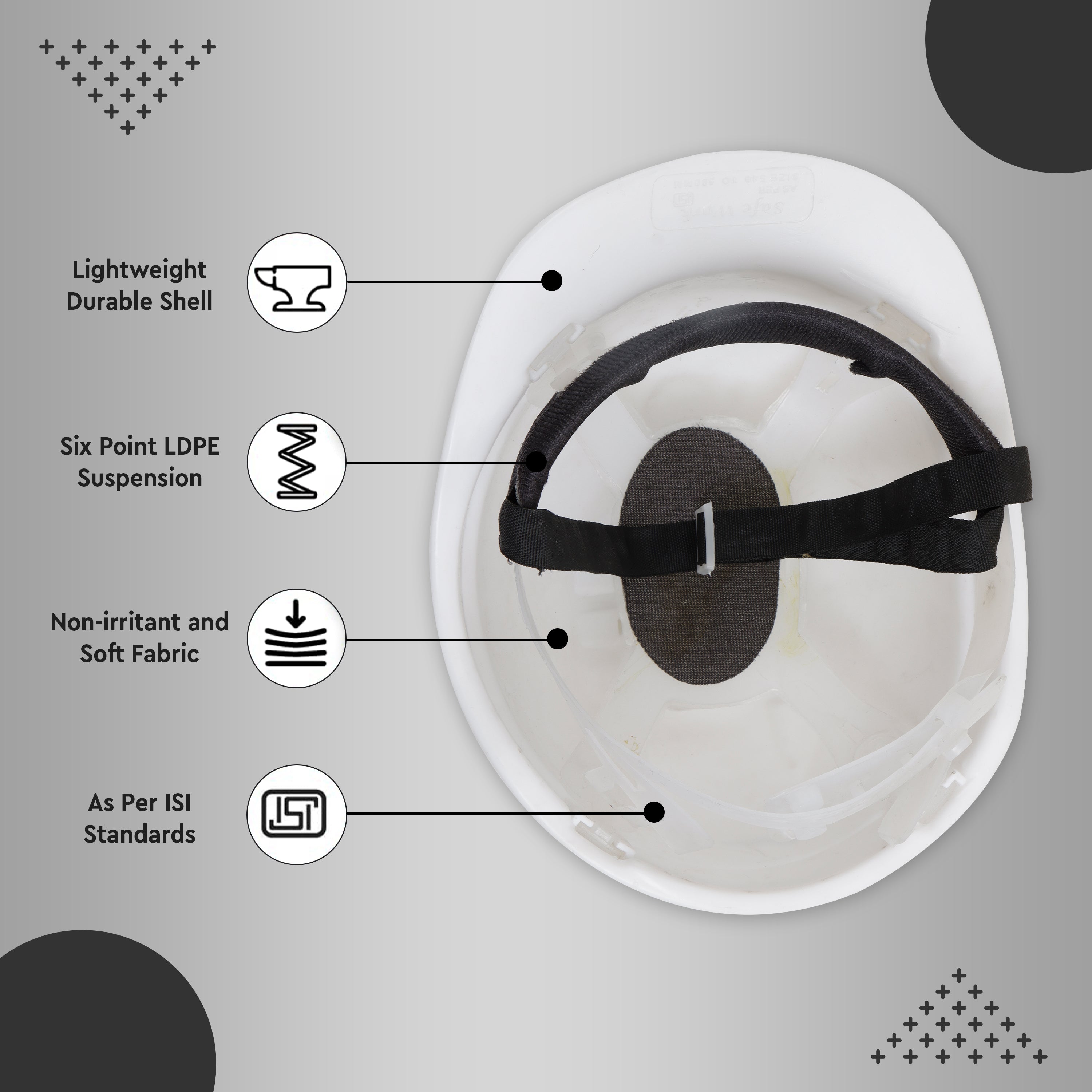 Lightweight safety helmet woth six point LDPE suspension