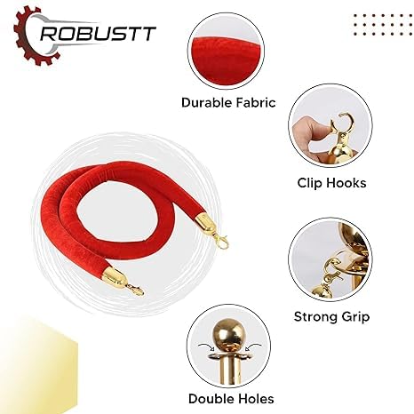 Robustt Red Velvet rope with durabic fabric, clip hooks & strong grip