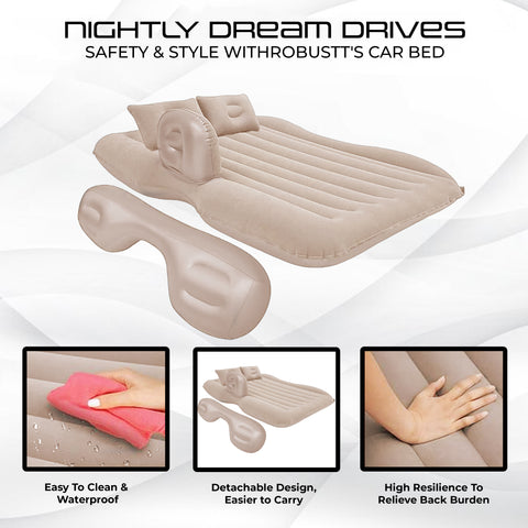 Robustt Car Bed for Back Seat | Inflatable Bed with 2 Air Pillow & Air Pump | Universal Size | Fits in All Car Model | Portable Car Bed | Car Bed For Kids, Travel, Trips, Camping, Picnic, Pool & Beach - Beige