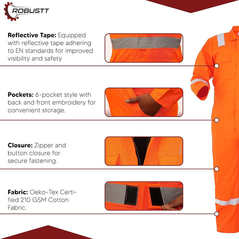Robustt Orange Boiler Suit | 100% Cotton Suit with Multiple Pockets | Workwear Suit with Reflective Tape, Unisex Coveralls for Industrial & Protective Use