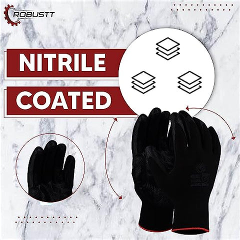 Robustt Nylon Nitrile Coated Industrial Safety Hand Gloves Anti-Cut, Heat Resistant, for Finger and Hand Protection