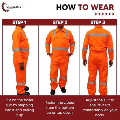 Robustt Orange Boiler Suit | 100% Cotton Suit with Multiple Pockets | Workwear Suit with Reflective Tape, Unisex Coveralls for Industrial & Protective Use