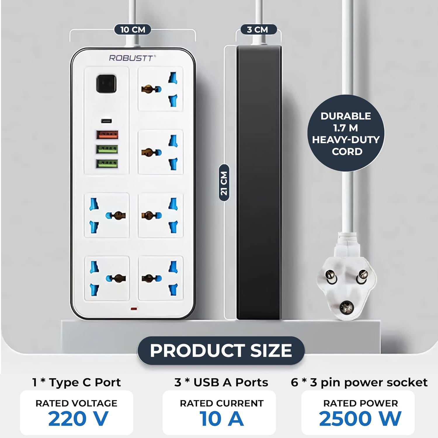 6‑Outlet Extension Board with 3 USB & 1 Fast Charging Type-C Port