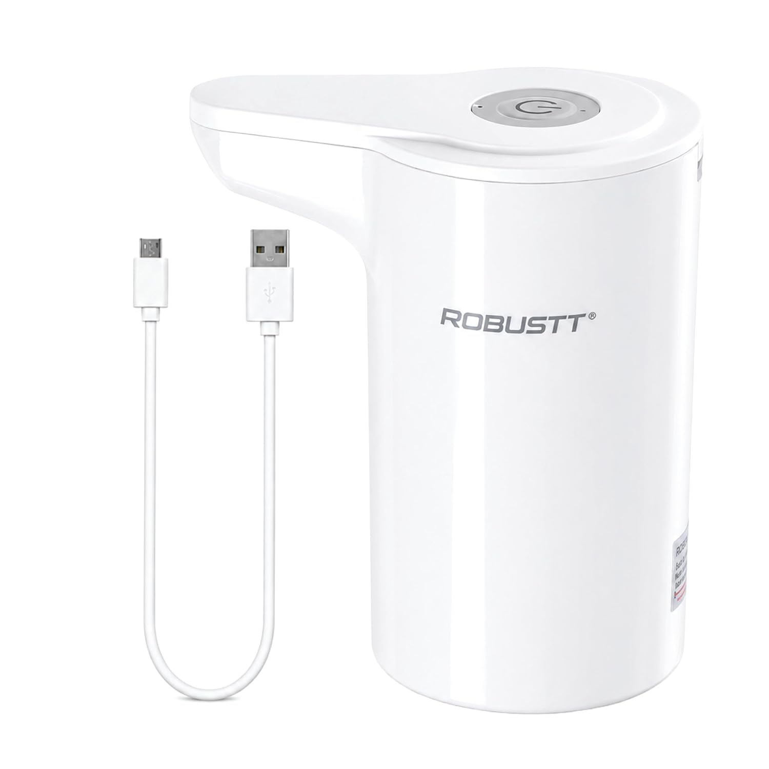 A white cylindrical automatic water dispenser with a USB charging cable.