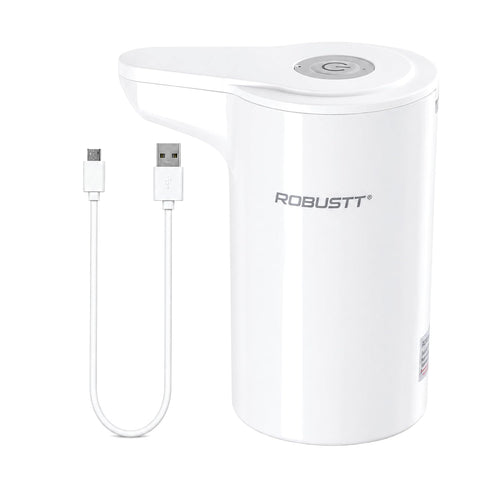 A white cylindrical automatic water dispenser with a USB charging cable.