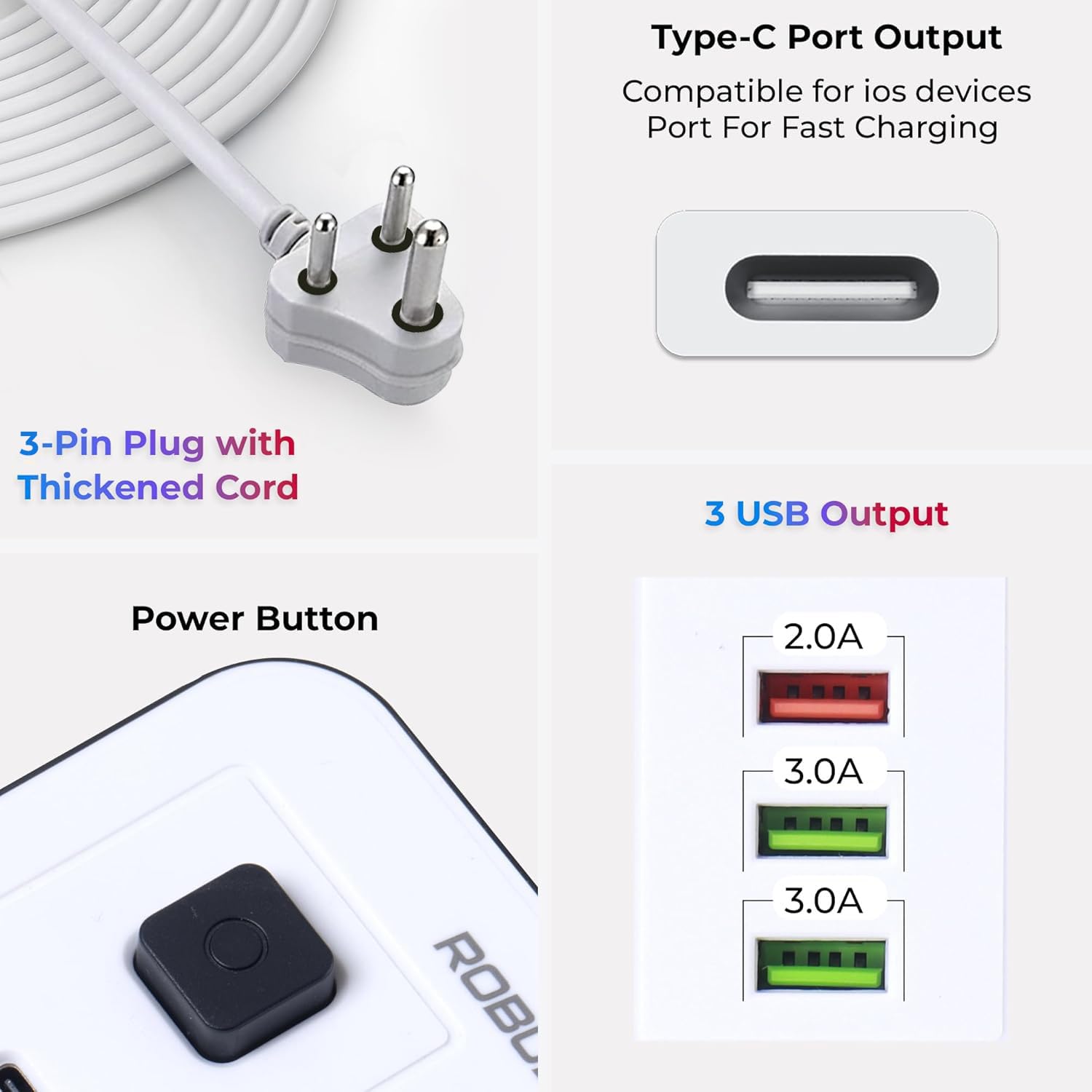 6‑Outlet Extension Board with 3 USB & 1 Fast Charging Type-C Port