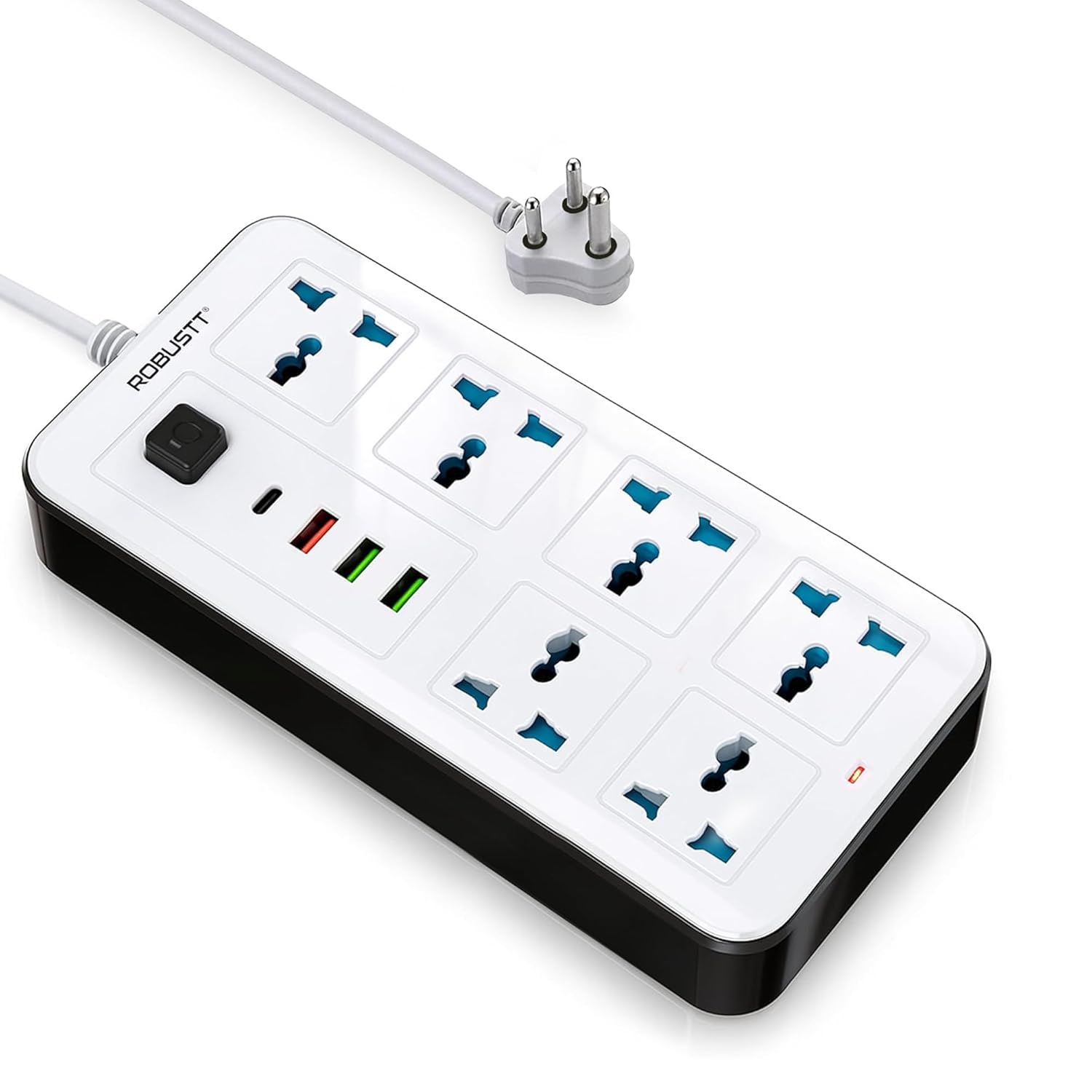6‑Outlet Extension Board with 3 USB & 1 Fast Charging Type-C Port
