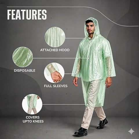 Disposable Adult Rain Poncho for Men & Women | Universal Fit Use and Throw Raincoat | Knee Length Pocket Raincoat with Hood for Travel, Emergency Rain, & Outdoor