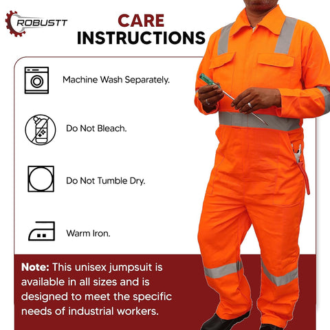 Robustt Orange Boiler Suit | 100% Cotton Suit with Multiple Pockets | Workwear Suit with Reflective Tape, Unisex Coveralls for Industrial & Protective Use