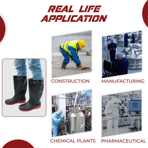 Robustt Steel Toe Lightweight Gum Boots, Standard Steel Safety Shoes, Anti Slip, Waterpoof, Breathable Printed Leather Shoes, Puncture and Tear Resistant, for Industrial Use (Red)