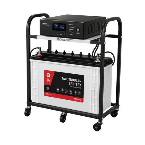 2-Tier Metal UPS Inverter Trolley for Home | Heavy-Duty Inverter Battery Stand | 100 kg Load Capacity | Powder-Coated Rust-Resistant Frame | 5 Metal 360° Swivel Wheels | Black