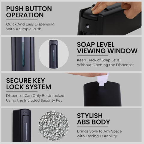 Manual Wall Mounted Liquid Soap Dispenser - Black (350 ml) Leak-Proof, Transparent Window, Easy Installation - Ideal for Bathroom, Kitchen, Hotels, Offices