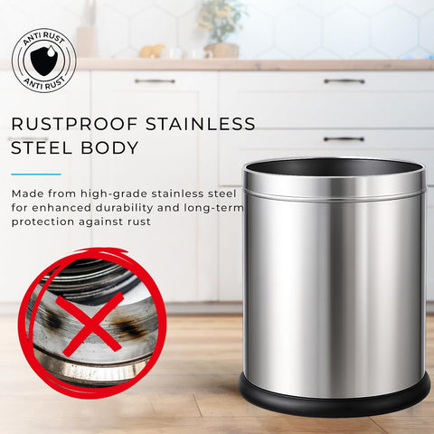 Stainless Steel Open Top Dustbin | Silver Trash Can with Anti-skid Base | For Bathroom, Bedroom, Kitchen & Toilet or Commericial Use