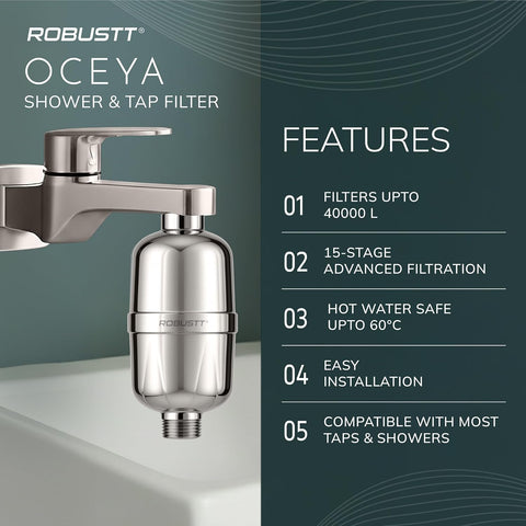 Robustt Oceya 15 Stage Hard Water Softener For Tap & Shower (Silver) | Reduces Hair Fall, Skin Dryness & Limescale | Water Purifier Filter For Tap, Shower & Handshower| Includes Kit & Manual