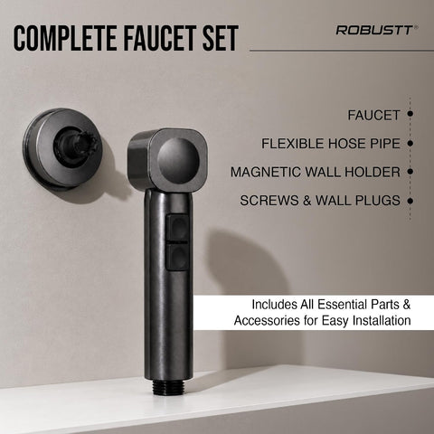 Health Faucet for Toilet 2 Flow Modes (Grey) – Jet Spray for Toilet with Stream & Rain Settings, Button Control, Chrome Finish Bathroom Faucet with Adhesive Wall Mount Holder (Without Hose)