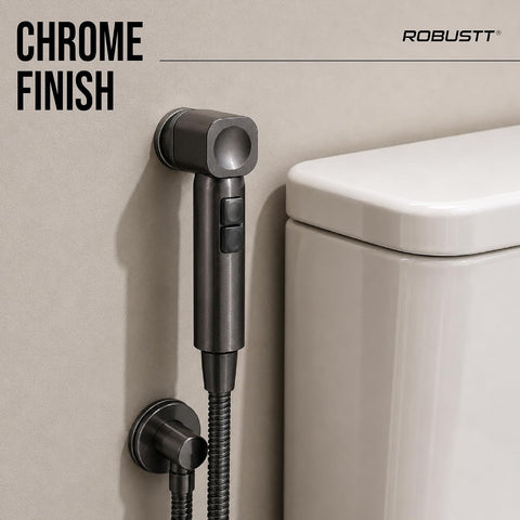 Health Faucet for Toilet 2 Flow Modes (Grey) – Jet Spray for Toilet with Stream & Rain Settings, Button Control, Chrome Finish Bathroom Faucet with Adhesive Wall Mount Holder (Without Hose)