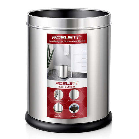 Stainless Steel Open Top Dustbin | Silver Trash Can with Anti-skid Base | For Bathroom, Bedroom, Kitchen & Toilet or Commericial Use
