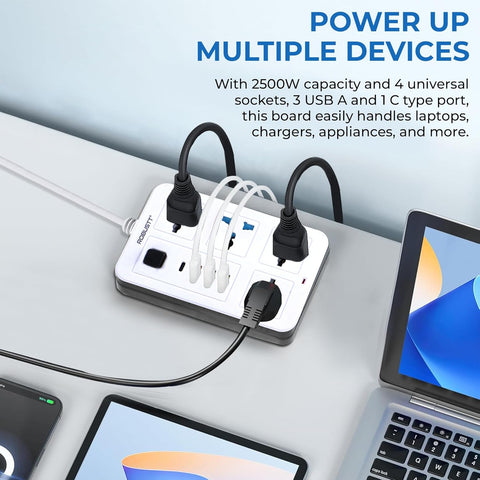 Robustt 4‑Outlet Extension Board with 3 USB & 1 Fast Charging Type-C Port | 1.7 m Cable | Wall Mountable Extension Board with On/Off Switch | 2500W Multi Plug Extension Cord for Home & Office