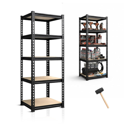 5-Tier Multipurpose Storage Rack | Bolt-Free Assembly | Metal Stand With Thick MDF Board | 175kg Capacity Per Shelf | 63 x 16 x 16 IN Adjustable Shelf Rack for Home, Garage & Shop | Black