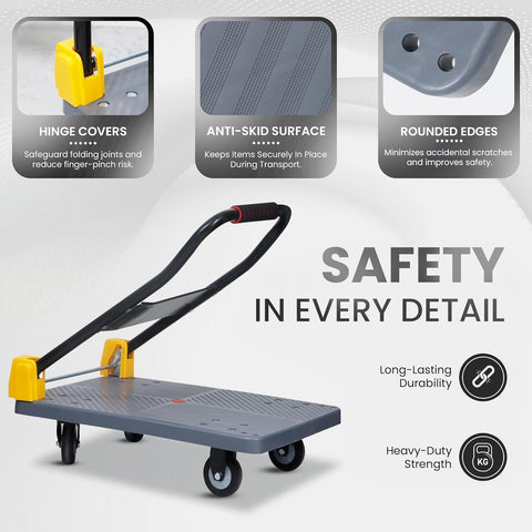 150 Kg Heavy-Duty Foldable Platform Trolley (Grey) | Plastic Hand Truck with 360° Rotating Wheels & Cushioned Grip | Material Handling Cart for Home, Office, Warehouse & Industrial Use