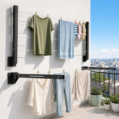 Wall Mounted Clothes Drying Stand | Heavy-Duty Foldable Powder Coated Metal Arms Cloth Dryer Rack | Space Saving Laundry Hanger for Balcony, Bathroom, Terrace