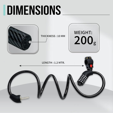 5 Digit Resettable Combination Lock with Mounting Bracket | 1.2m Long, 10mm Thick Cut-Resistant Braided Steel with PVC Coating | Keyless Number Lock for Cycle, Bike, Helmet & Gate