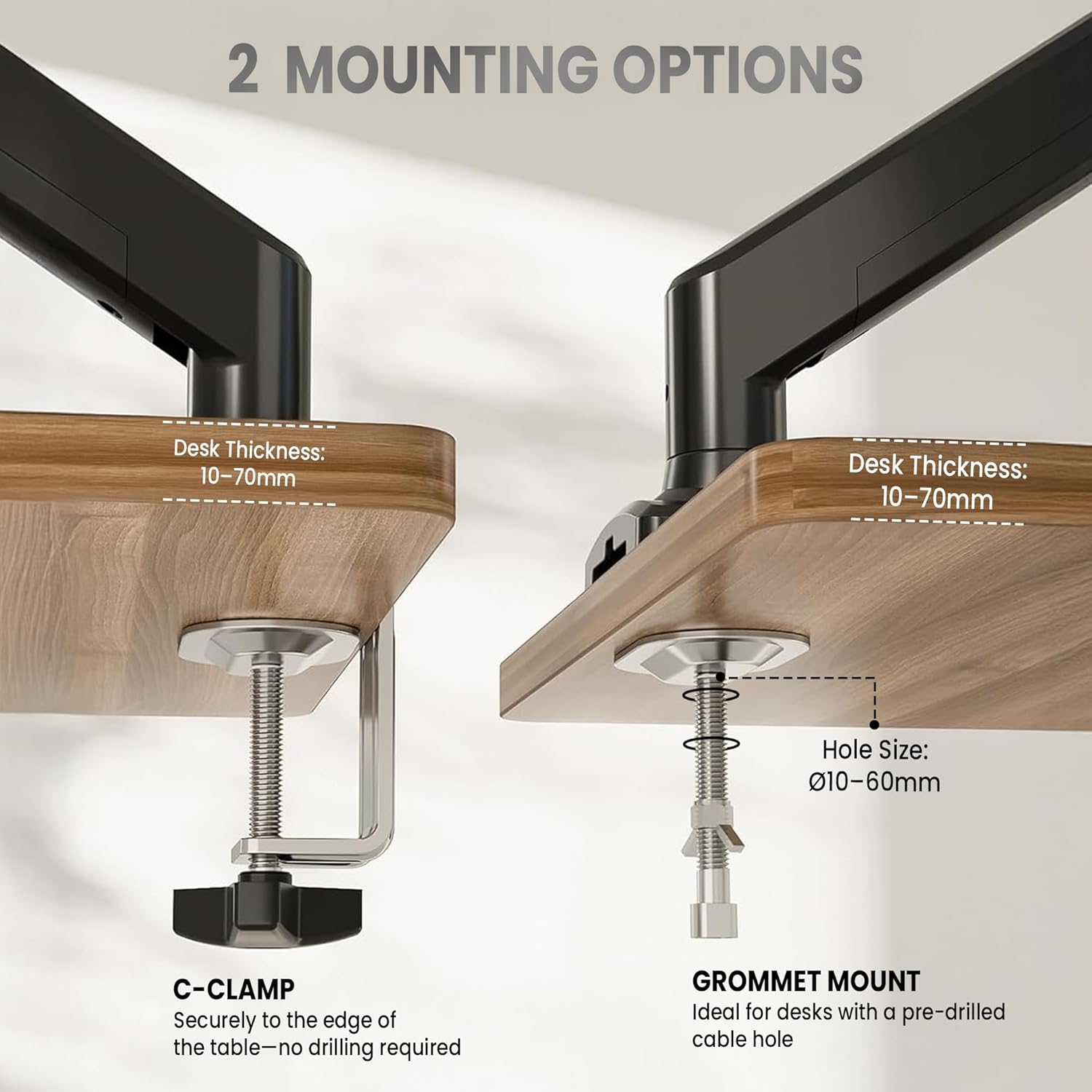 Single Arm Gas Spring Monitor Stand with two mount options