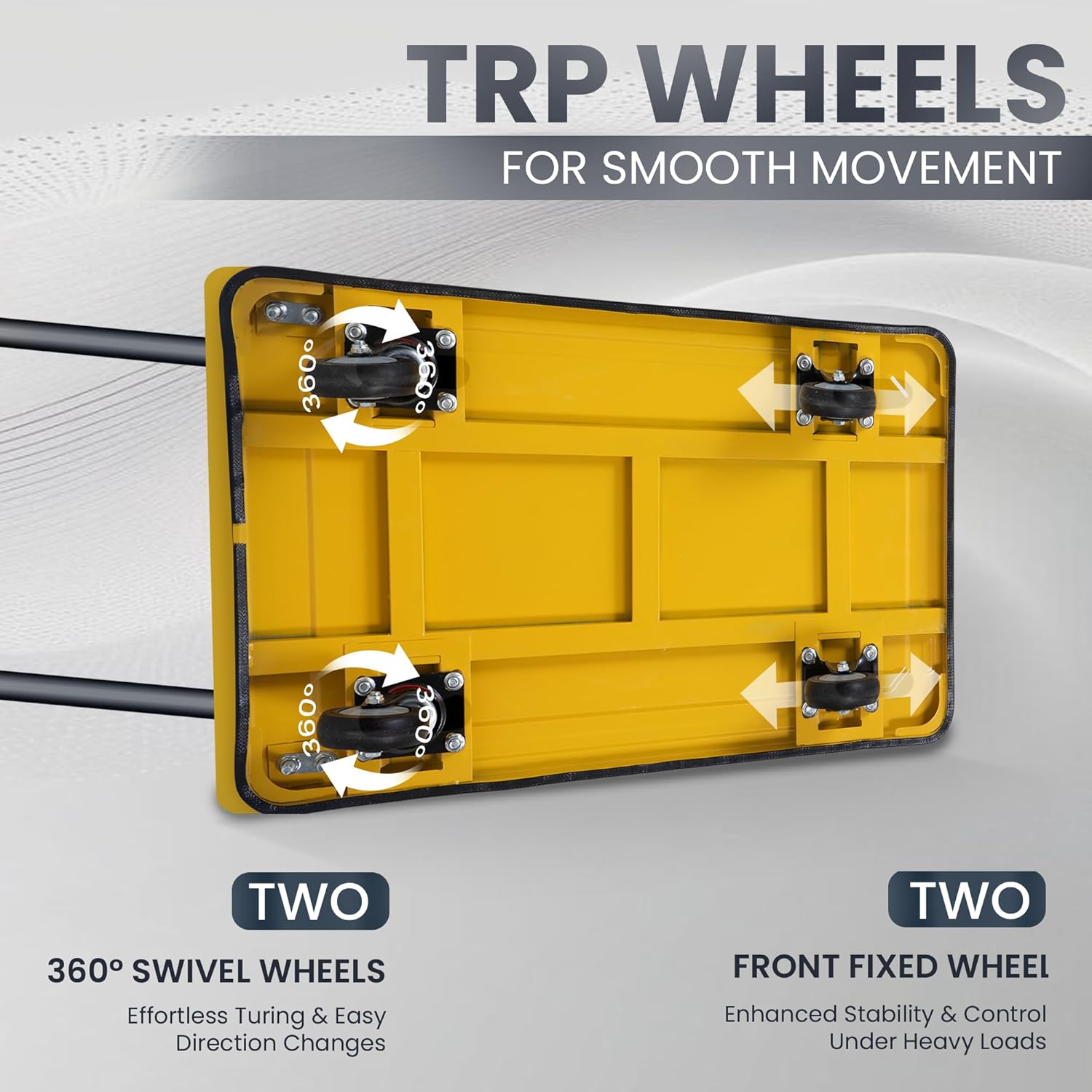 Yellow trolley TRP wheels for smooth movement with two 360 degree swivel wheels and 2 fixed wheel