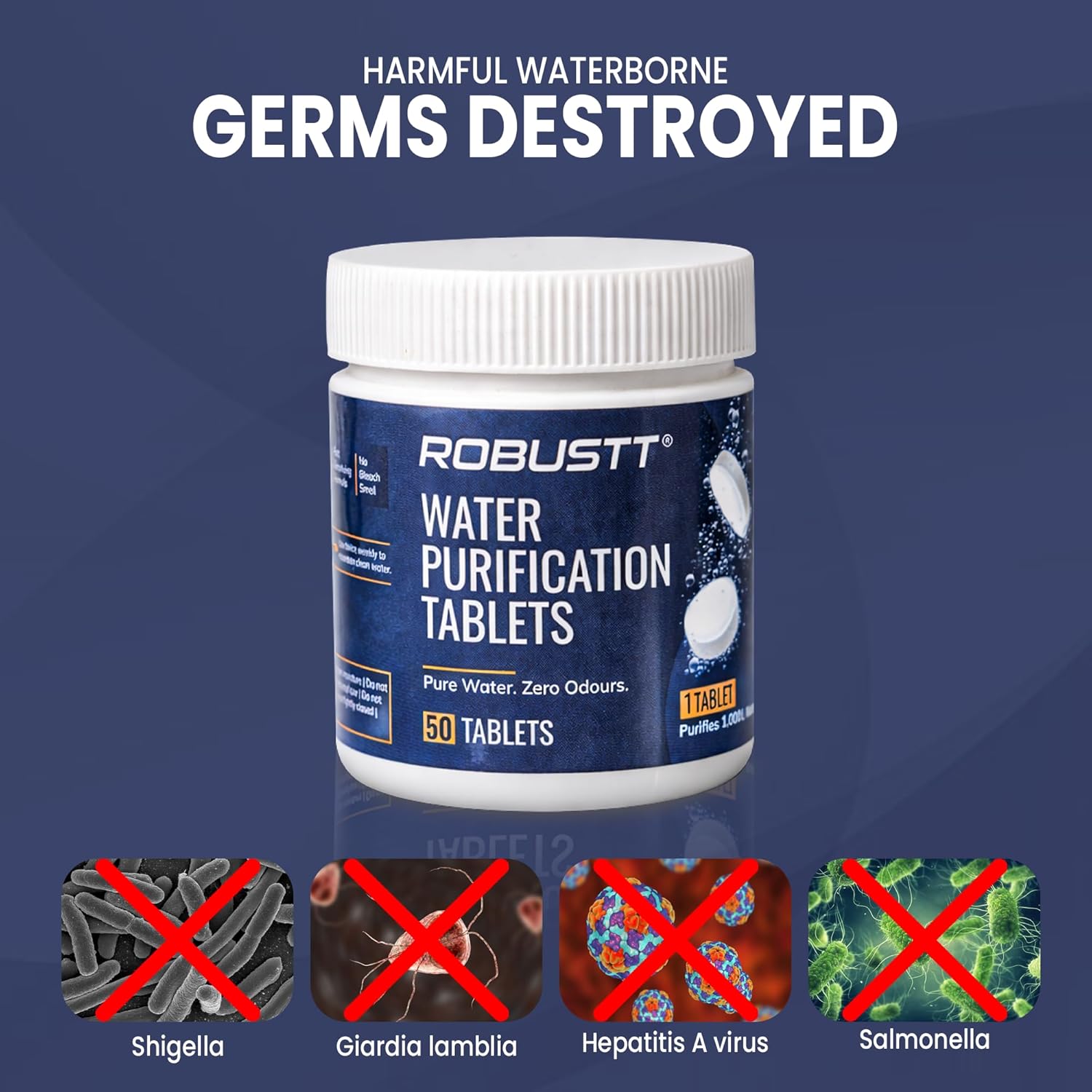Water purification tablets destroys germs