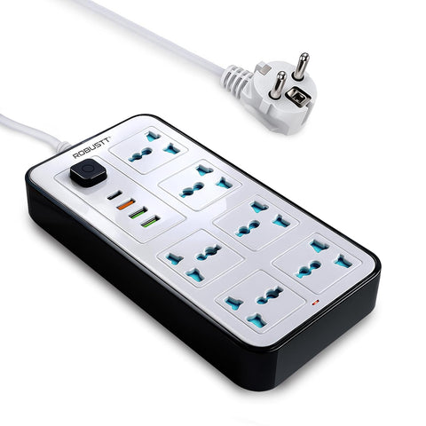 Robustt 6‑Outlet Extension Board with 3 USB & 1 Fast Charging Type-C Port | 1.7 m Cable | Wall Mountable Extension Board with On/Off Switch | 2500W Multi Plug Extension Cord for Home & Office