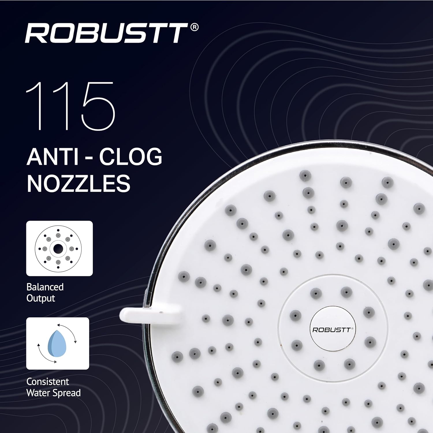 Robustt shower with 115 anti clog nozzles