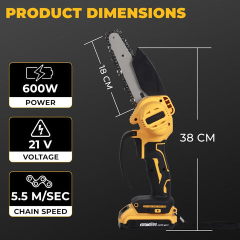 Robustt Handheld Cordless Chainsaw Machine with Safety Lock | 2 Rechargeable 21V Lithium Batteries With Charger | Super Sharp Wood Cutting Machine Chain | Overheating Protection Brushless Motor