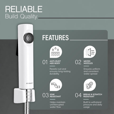 Health Faucet for Toilet ABS Jet Spray Gun (White) with 1.2 m Stainless Steel Hose & Wall Holder | One-Press Water Control, Anti-Rust Body, Leak-Proof | For Bathroom, Cleaning & Pet Bathing