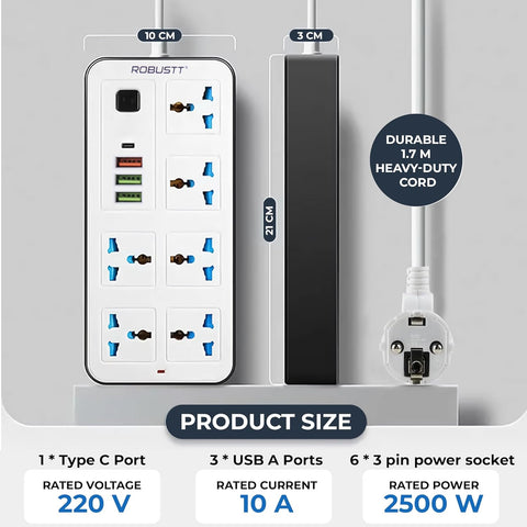Robustt 6‑Outlet Extension Board with 3 USB & 1 Fast Charging Type-C Port | 1.7 m Cable | Wall Mountable Extension Board with On/Off Switch | 2500W Multi Plug Extension Cord for Home & Office