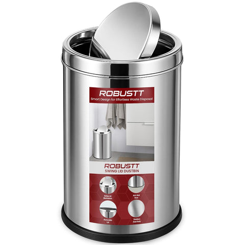Robustt Swing Lid Dustbin | Stainless Steel Trash Can | Swing Lid dustbin with Removable Lid | For Kitchen, Bathroom, Office & Commercial Use
